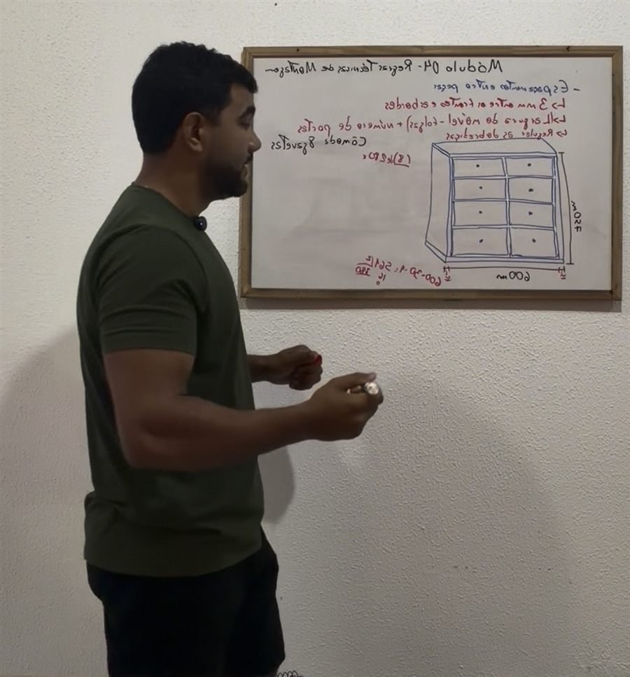 Instrutor explicando as medidas de um gaveteiro no quadro