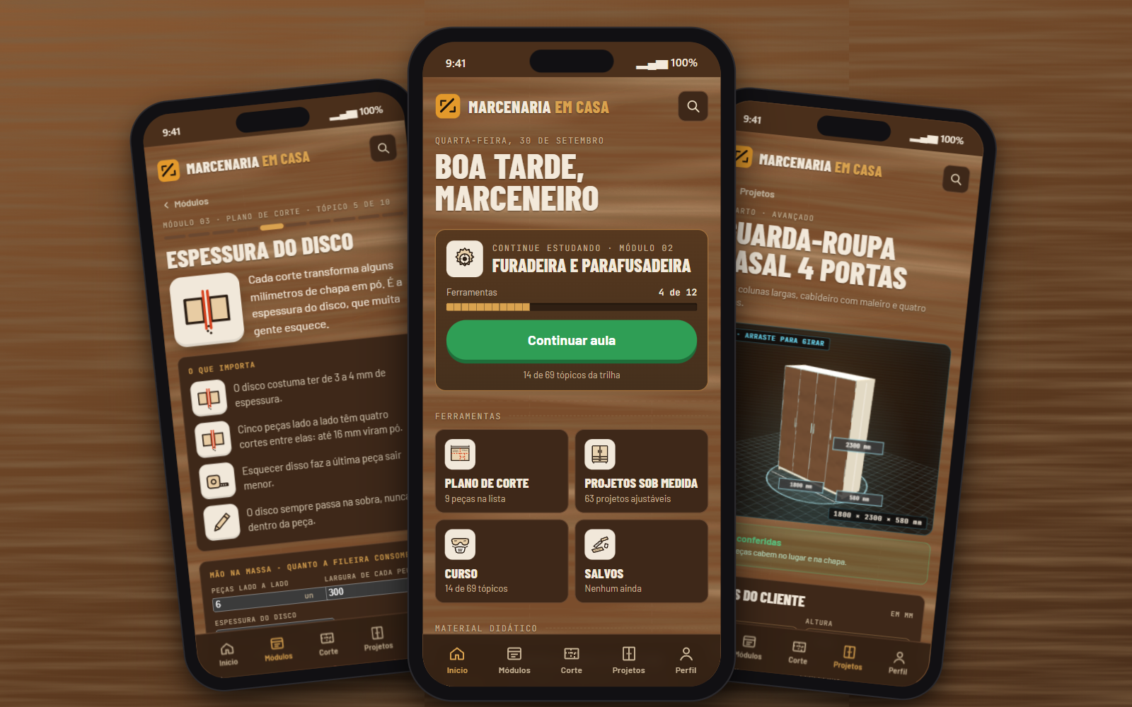 Três telas do app Marcenaria em Casa: início, uma aula e um guarda-roupa em 3D