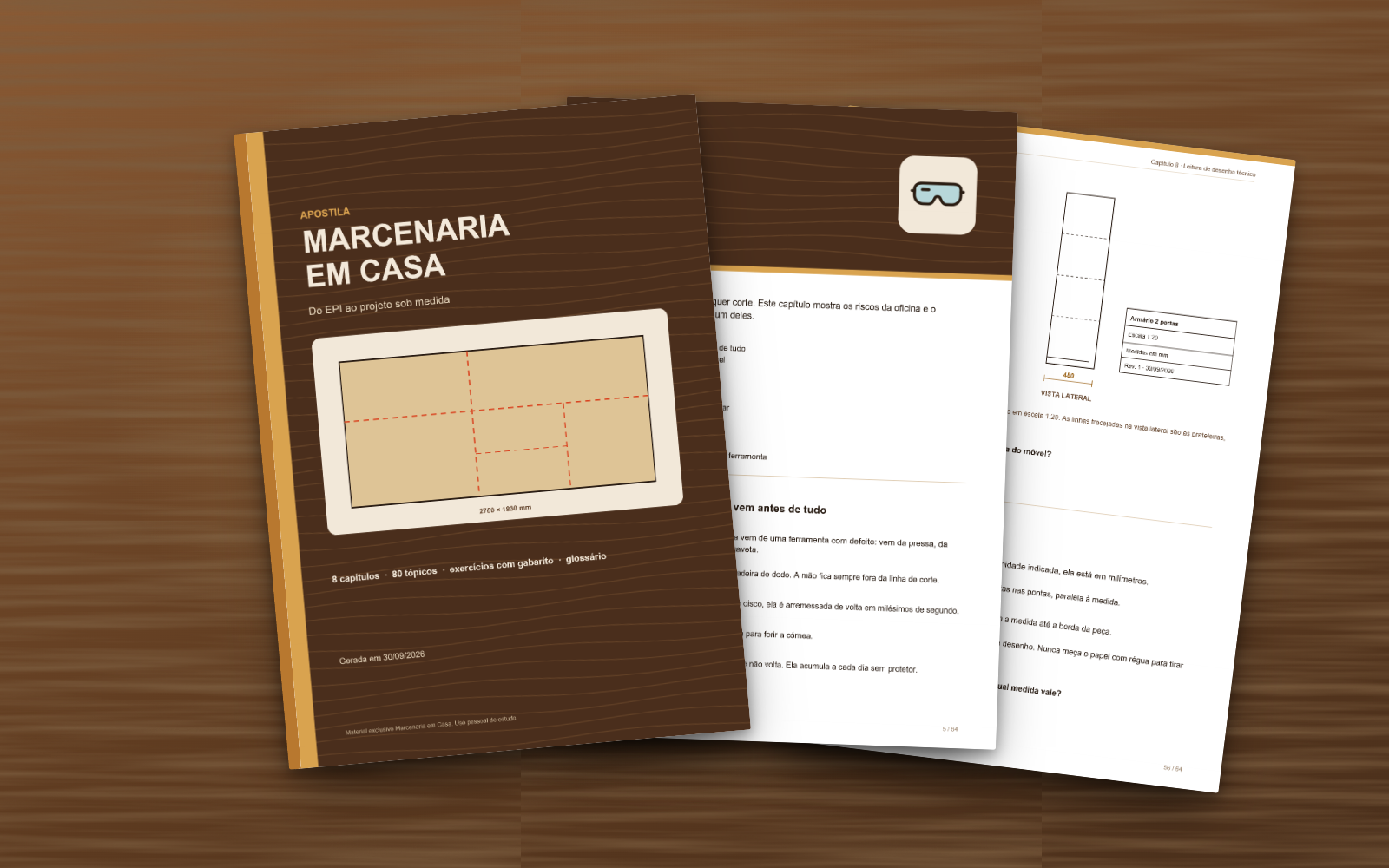 Capa e páginas da apostila Marcenaria em Casa